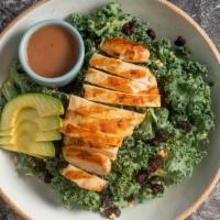 Kale Chicken Salad · Charbroiled chicken breast, Avocado, mixed nut, dried cranberry, feta cheese, kale, olive oi...