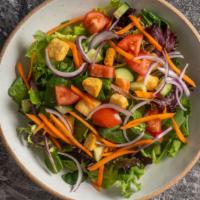 Garden Salad · Tomato, red onion, cucumber, carrot, crouton, romaine lettuce & spring mix, choice of dressi...