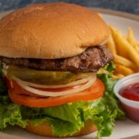 Hamburger · Quarter pound beef patty. lettuce, tomato, onion, pickles, 1000 island dressing on toasted d...