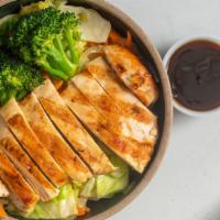 Chicken Breast Teriyaki Bowl · Teriyaki comes with white rice grilled veggies (onion cabbage carrot broccoli) and homemade ...