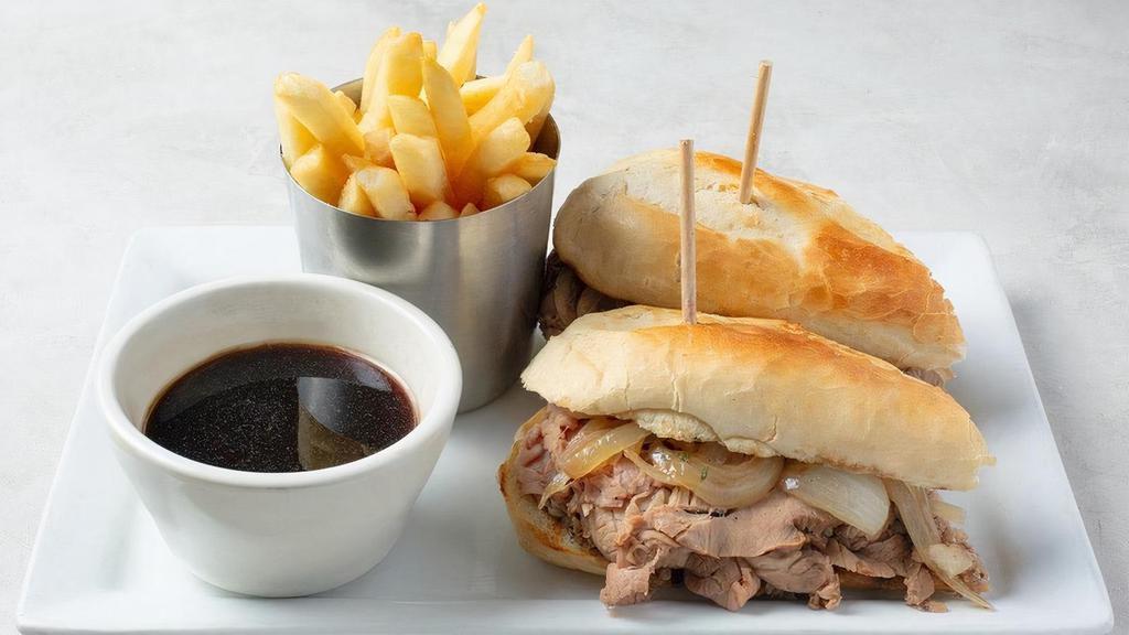 Beef Brisket Dip · Slow roasted, thinly sliced beef brisket, served with brisket jus. Subject to availability. . Served with fries (350 Cal.)..