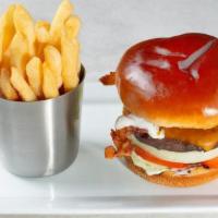 Cheddar, Bacon & Ranch Burger* · Cheddar cheese, applewood smoked bacon, onion, lettuce, tomato and ranch dressing.. Served w...