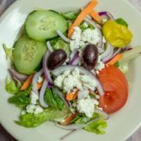 Greek Salad (Fresh Cut) · Lettuce, tomatoes, cucumbers, feta cheese, onions, and Kalamata olives. Served with special ...