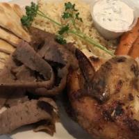 Gyro And ¼ Lemon Chicken · Served with soup or Greek salad, rice pilaf, hot pita bread, and tzatziki sauce.