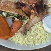 Greek Lemon Chicken And Spanakopita · ¼. Served with soup or Greek salad, rice pilaf, hot pita bread, and tzatziki sauce.