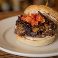 Blue Burger · Angus patty, applewood smoked bacon, gorgonzola cheese, caramelized onions, sauteed mushroom...