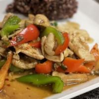 Spicy Basil Leaves · Spicy. With ground chicken over rice. Stir fried ground chicken with chili, onion, bell pepp...