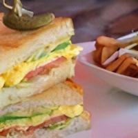 California Eggwich · Scrambled eggs, Jack and cheddar, lettuce, tomato, avocado, chipotle aioli and sourdough bre...