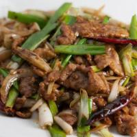 Mongolian Beef · Beef stir-fried with onions and scallions in spicy Mongolian sauce.