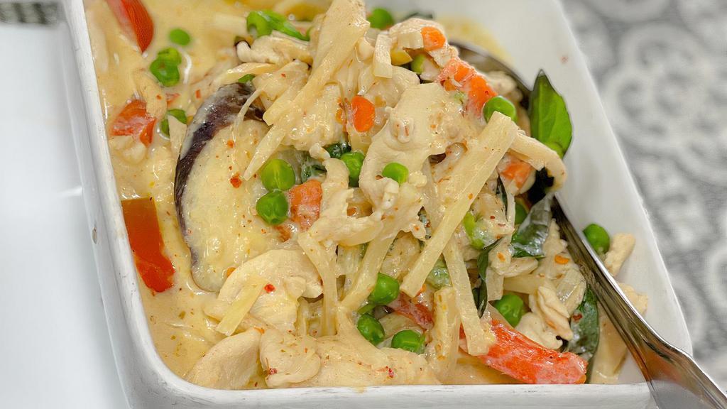 Green Curry · With coconut milk, green beans, bamboo shoots, eggplant, bell peppers, and sweet basil.