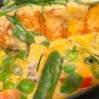 Salmon Panang Curry · Grilled Salmon With Panang Curry Sauce, Peas, Carrot, Green Bean, Bell pepper, Lime leaves, ...