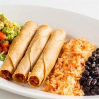 Chicken Taquitos · Three taquitos, guacamole, sour cream. Sides of organic rice & organic beans