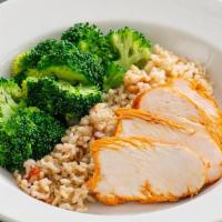 Kid'S Power Plate · Chicken or tofu, non-GMO poblano brown or Mexican style rice, choice of broccoli, grilled ve...