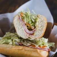 Torpedo · Salami, mortadella, ham, provolone, mustard, mayo, lettuce, tomatoes, onion, pepperoncini wi...