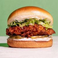 The Southern Hot Fried Chicken Sandwich · Chili Oil Dipped Fried Chicken, Pickles, Mayo, Shredded Lettuce, Brioche Bun