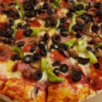 Eba Supreme (Everything But Anchovies) · Pepperoni, Canadian bacon mushrooms, green peppers, olives, onions, and sausage.