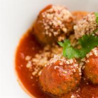 Polpette Della Nonna Con Crostone Di Pane · GROUND CHUCK BEEF BRAISED MEATBALLS, HEIRLOOM TOMATO SAUCE, ROASTED BREAD