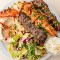 Combo Kebab Plate · One skewer each of the kafta kebab, chicken kebab and beef steak kebab.