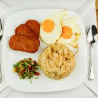 Spamsilog · The famous spam served with eggs and garlic fried rice.
Eggs can be upgraded to Torta (eggpl...