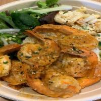 Garlic Shrimp · Garlic cajun shrimp bowl served with rice and mac salad