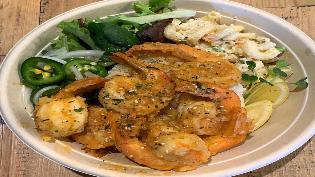Garlic Shrimp · Garlic cajun  shrimp bowl served with rice and mac salad