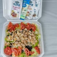 Grilled Chicken Salad · Chicken, tomatoes, and black olives over lettuce with choice of dressing.