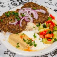 K-5. Chappli Kabob · Two ground beef patties marinated with Mediterranean spices.