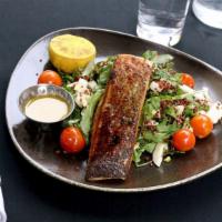 Pan Roasted Salmon · Red quinoa, arugula, shaved fennel, tarragon emulsion, tomatoes confit, toasted almonds, gri...
