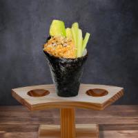 Spicy California Hand Roll  · In: Sushi Rice, Spicy Crab, Avocado, Cucumber, Sesame Seed
Out: Seaweed