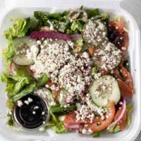 Mediterranean Salad · Our Mediterranean salad is a combination of romaine lettuce, tomatoes, red, onion, cucumbers...