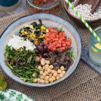 Sunshine State Vegan Chopped Salad · mixed greens, chickpeas, broccoli, squash, mushrooms, zucchini, tomato, red wine vinaigrette...