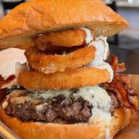 True Bleu Burger · Applewood-smoked bacon, bleu cheese dressing, crumbled bleu cheese, fried onion crisps, & ga...