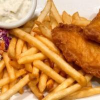 Fish & Chips · Crisp battered Alaskan cod with housemade tartar sauce, cole slaw & fries.