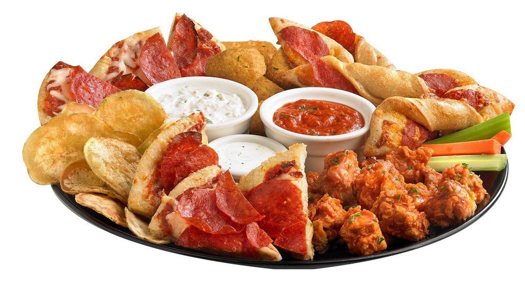 Boston'S Team Platter · An unbeatable team of Pepperoni Pizza, Cactus Cuts & Dip, Pepperoni Stuffed Twist Bread, Cheese Curds, and Boneless Wings tossed in your favorite flavor. Served with celery, carrots, pomodoro sauce, and your choice of house-made ranch or bleu cheese dressing.