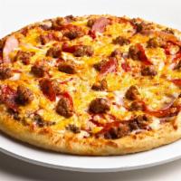 Mama Meata® · Bolognese sauce topped with smoked ham, pepperoni, ground beef, and spicy Italian sausage. C...
