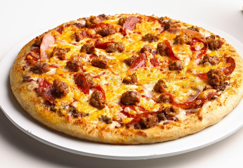 Mama Meata® · Bolognese sauce topped with smoked ham, pepperoni, ground beef, and spicy Italian sausage. Covered with cheddar and mozzarella cheeses.