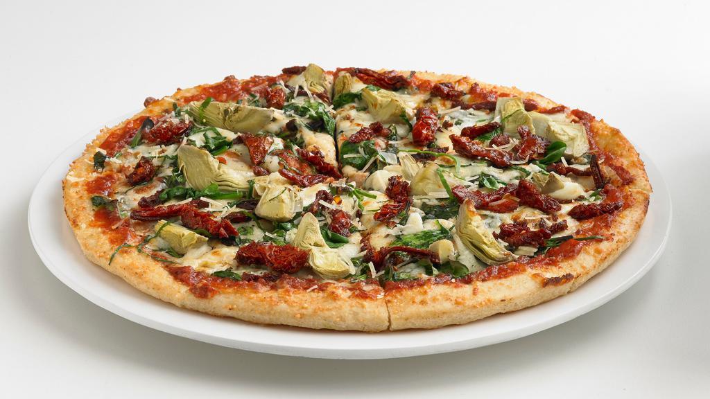 Florentine · Fresh spinach, artichokes, sun-dried tomatoes, and roasted garlic topped with mozzarella and Parmesan cheeses. Finished with fresh basil.