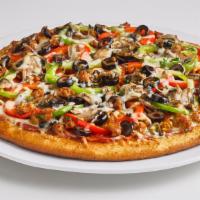 Deluxe · Pizza sauce, mozzarella cheese, pepperoni, spicy Italian sausage, red & green bell peppers, ...