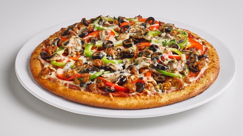 Deluxe · Pizza sauce, mozzarella cheese, pepperoni, spicy Italian sausage, red & green bell peppers, mushrooms, and olives, sprinkled with Parmesan cheese.