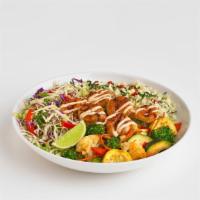 Chili Lime Shrimp Bowl · Keto-friendly bowl with grilled shrimp, cauliflower rice, roasted veggies, cabbage mix, and ...