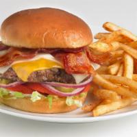 The Mvb (Most Valuable Burger) · Loaded with cheddar & mozzarella cheeses and crispy bacon. Includes lettuce, tomatoes, red o...