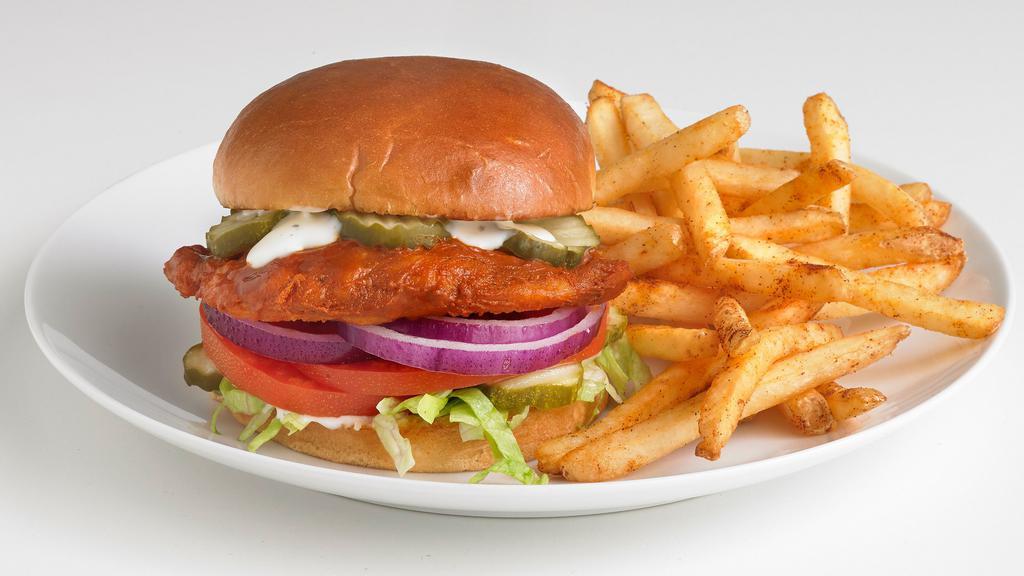 Nashville Hot Chicken Sandwich · Hand-breaded and fried chicken covered in Nashville Hot Sauce. Topped with dill pickles, onions, tomatoes, lettuce, and ranch dressing, served on a toasted brioche bun. (1,460 Cal)