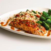 Asian-Glazed Salmon · Grilled 8 oz. salmon fillet topped with our sweet Asian glaze. Served with broccoli and hous...