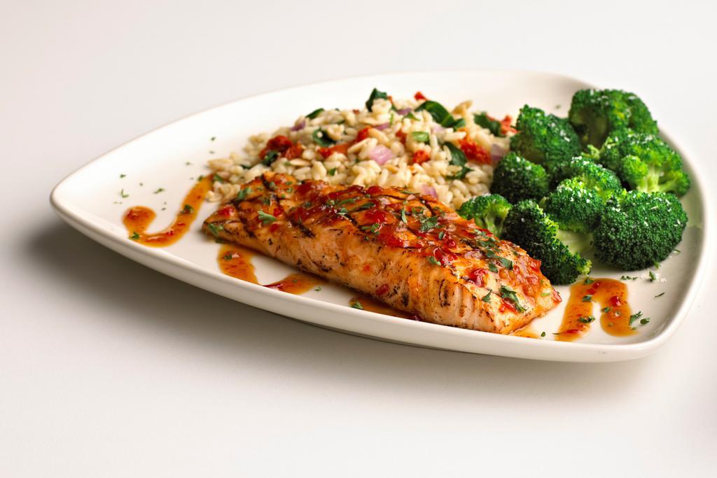 Asian-Glazed Salmon · Grilled 8 oz. salmon fillet topped with our sweet Asian glaze. Served with broccoli and house-made florentine rice. 665 Cal cal.