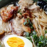 Shoyu Ramen · Chicken broth flavored with soy sauce and topped with bean sprouts and soy sauce marinated c...