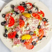 Antipasto Salad · lettuce, ham, salami pepperoni, mozzarella, olives, tomato, and pepperoncini.