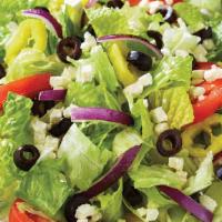 Greek Salad (Regular) · Fresh-cut lettuce blend, feta cheese crumbles, black olives, sliced tomatoes, red onions and...
