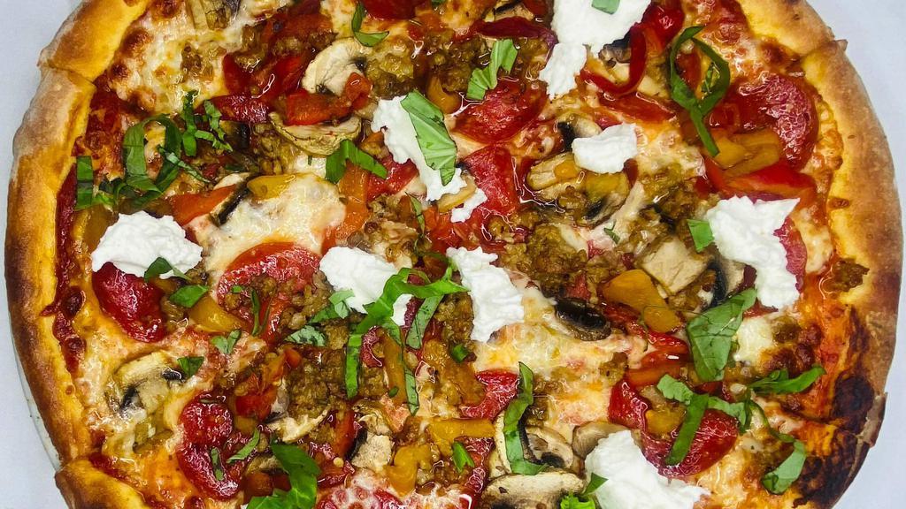 Maiale Pizza · Tomato- sauce, Pepperoni, Sausage, Mushrooms, Ricotta, Bell Peppers & Mozzarella