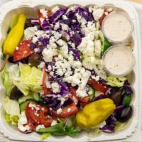 Greek Salad · Lettuce, tomatoes, Persian cucumber, pepperoncino, kalamata olive and feta cheese.