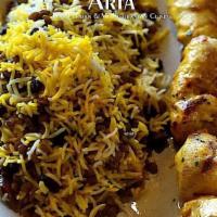 Adas Polo  · With chicken kabob & basmati saffron rice wit lentil, date and raisin.